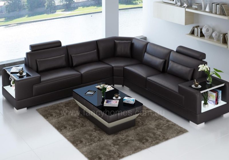 Fancy Homes Verena-B corner leather sofa in brown leather with built-in side tables and LED lighting system