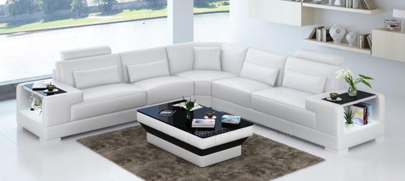 Fancy Homes Verena-B corner leather sofa in white leather with built-in side tables and LED lighting system