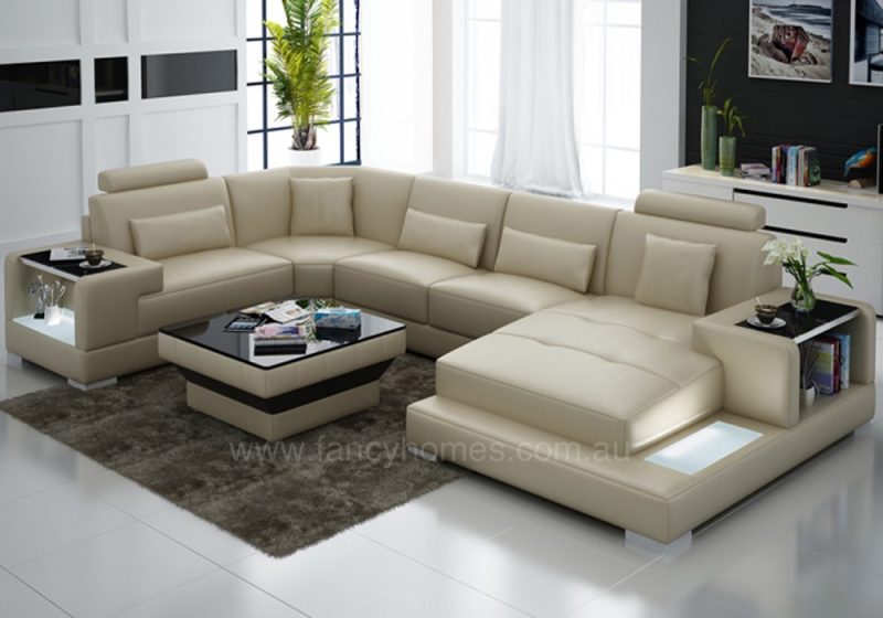 Fancy Homes Verena modular leather sofa in beige leather with LED lighting system and built-in side tables