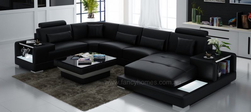 Fancy Homes Verena modular leather sofa in black leather with LED lighting system and built-in side tables