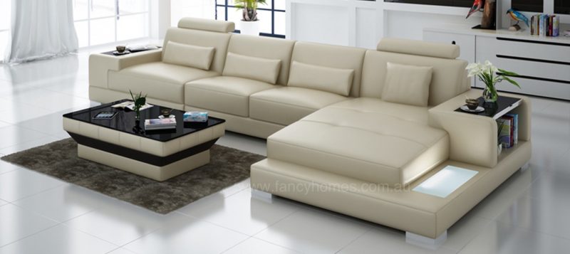 Fancy Homes Verena-C chaise leather sofa in beige leather with LED lighting system and built-in side tables on armrests