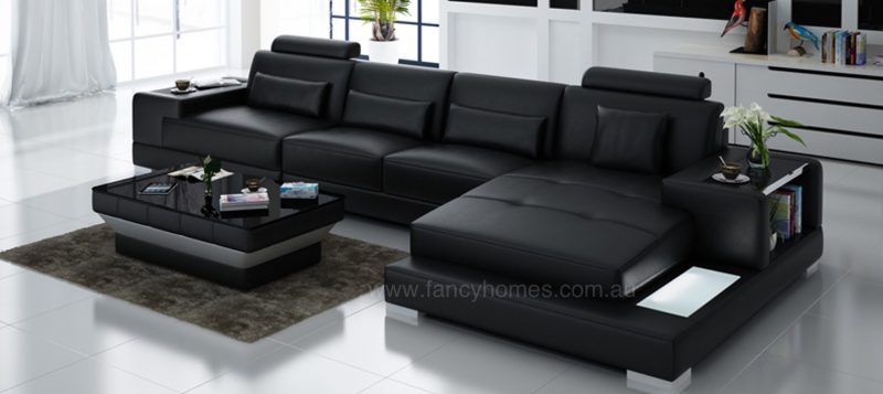 Fancy Homes Verena-C chaise leather sofa in black leather featuring LED lighting and built-in side tables on armrests