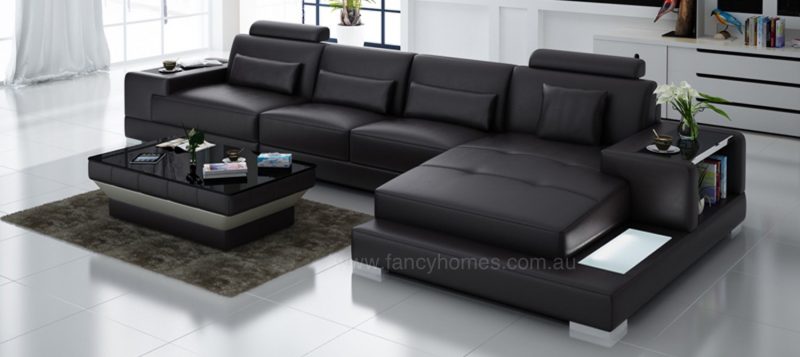 Fancy Homes Verena-C chaise leather sofa in brown leather featuring LED lighting system and built-in side tables