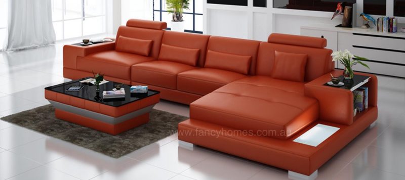 Fancy Homes Verena-C chaise leather sofa in orange leather featuring LED lighting system and built-in side table