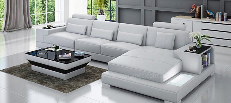 Fancy Homes Verena-C chaise leather sofa in white leather featuring LED lighting system and built-in side tables