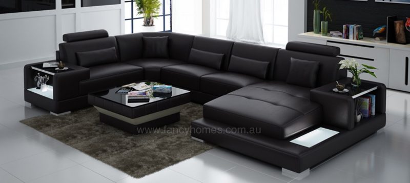 Fancy Homes Verena modular leather sofa in brown leather with LED lighting system and built-in side tables