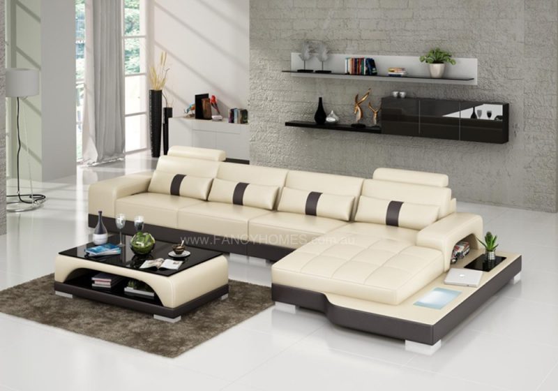 Fancy Homes Lori-C chaise leather sofa in beige and brown leather