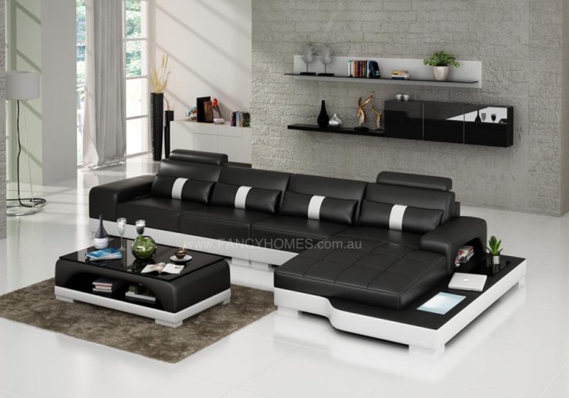 Fancy Homes Lori-C chaise leather sofa in black and white leather