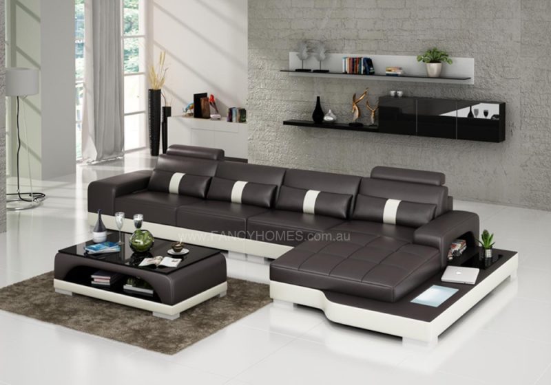 Fancy Homes Lori-C chaise leather sofa in brown and white leather