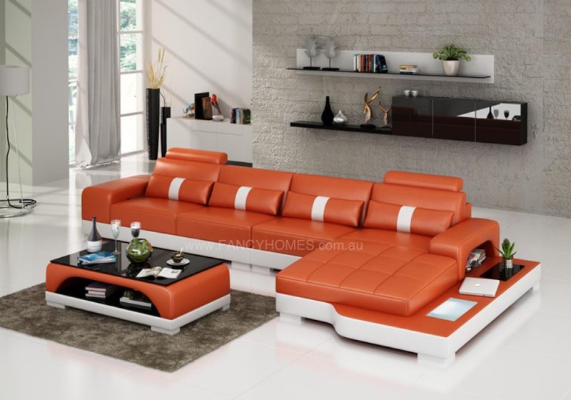 Fancy Homes Lori-C chaise leather sofa in orange and white leather