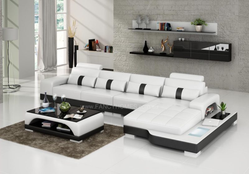 Fancy Homes Lori-C chaise leather sofa in white and black leather