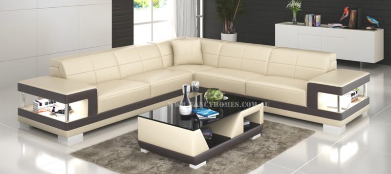 Fancy Homes Prima-B corner leather sofa in beige and brown leather featuring LED lighting systems and storage