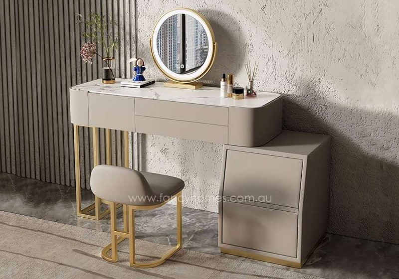 Fancy Homes DRT-8002 Dressing Table Set with Stone Top, Stool and Mirror Customisable in Size and Colour