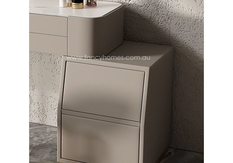 Fancy Homes DRT-8002 Dressing Table Set with Stone Top, Stool and Mirror Side Customisable in Size and Colour. This Dressing Table Set has a Side Cabinet with Storage Space.