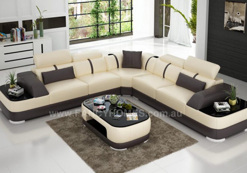 Fancy Homes Sofia-B corner leather sofa in beige and brown leather