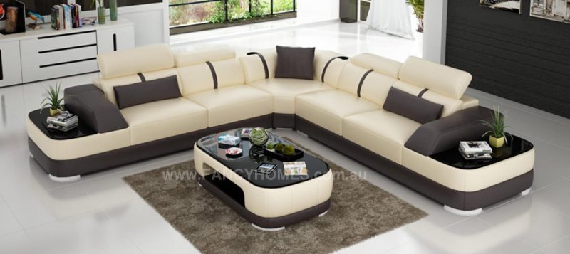 Fancy Homes Sofia-B corner leather sofa in beige and brown leather featuring built-in side tables