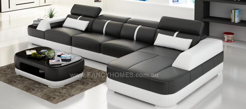 Fancy Homes Sofia-C chaise leather sofa in black and white leather