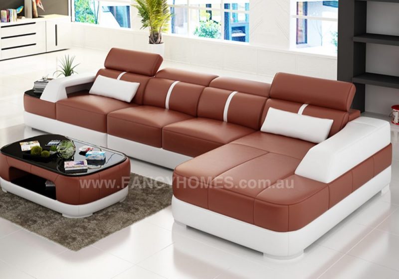 Fancy Homes Sofia-C chaise leather sofa in red and white leather