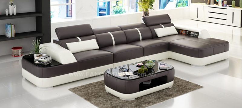 Fancy Homes Sofia-C chaise leather sofa in brown and white leather