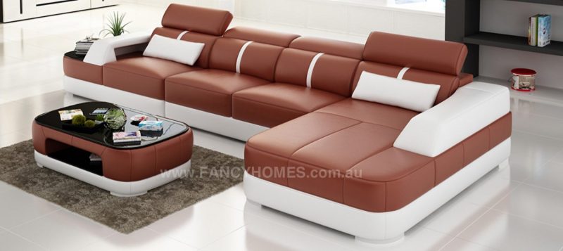 Fancy Homes Sofia-C chaise leather sofa in red and white leather featuring built-in side table with tempered glass on top