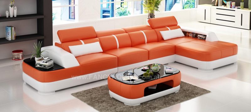 Fancy Homes Sofia-C chaise leather sofa in orange and white leather featuring built-in side table with tempered glass on top