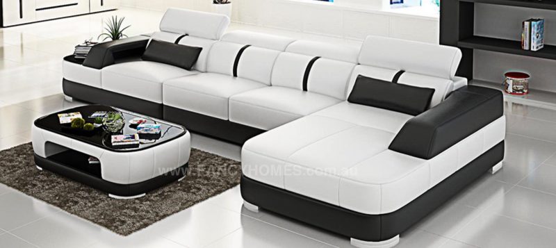 Fancy Homes Sofia-C chaise leather sofa in white and black leather