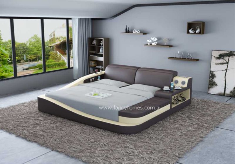 Fancy Homes Cathay Contemporary Multi-media Leather Bed Frame Dark Brown and Cream