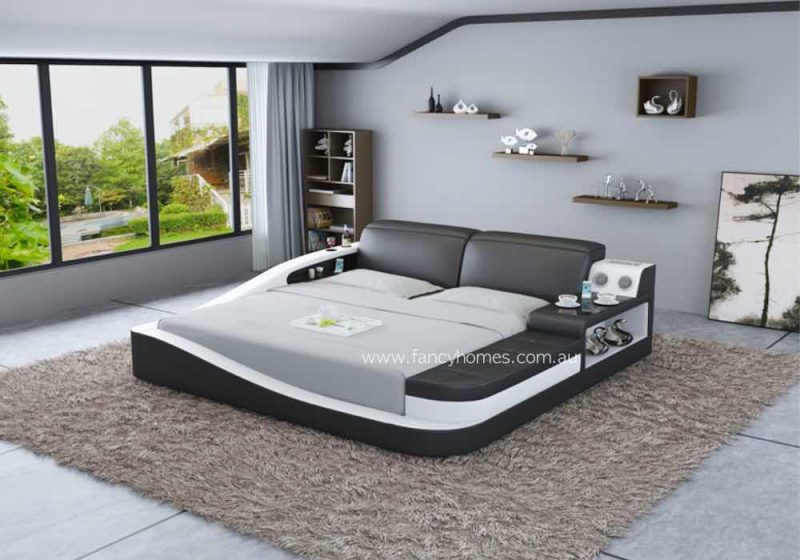Fancy Homes Cathay Contemporary Multi-media Leather Bed Frame Black and Pure White