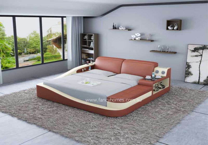 Fancy Homes Cathay Contemporary Multi-media Leather Bed Frame Bronze Red and Cream