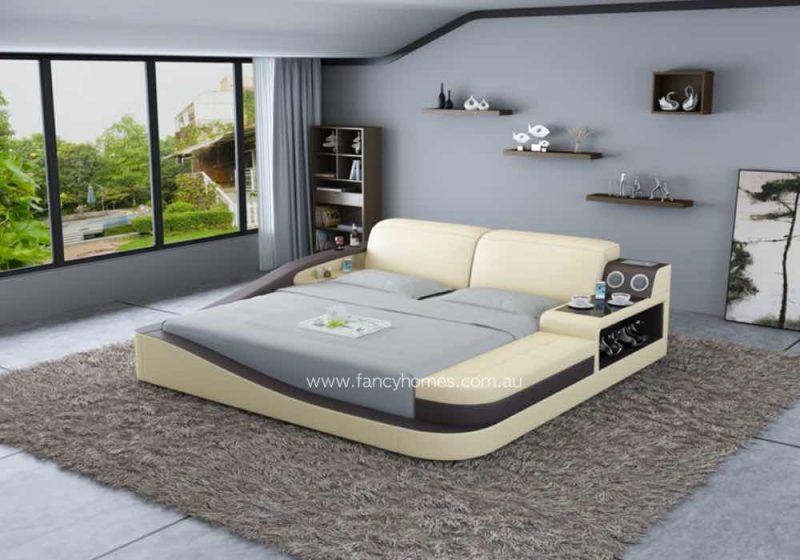 Fancy Homes Cathay Contemporary Multi-media Leather Bed Frame Cream and Dark Brown