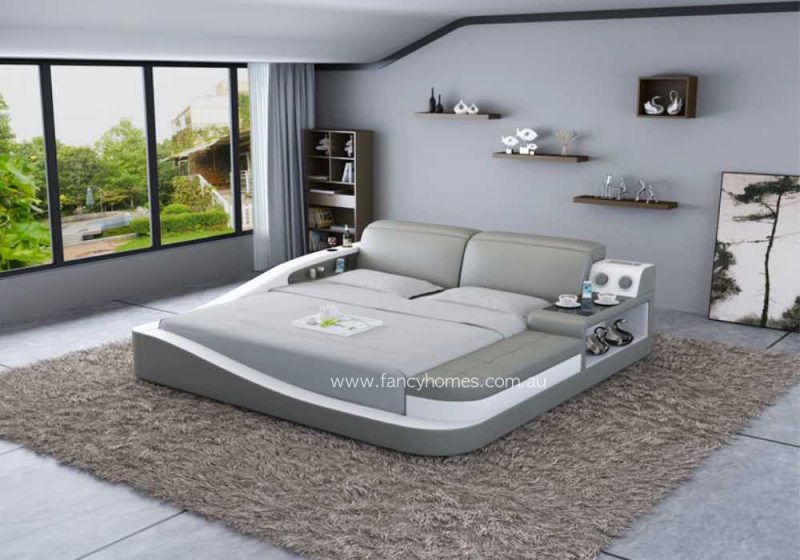 Fancy Homes Contemporary Multi-media Leather Bed Frame Light Grey and Pure White