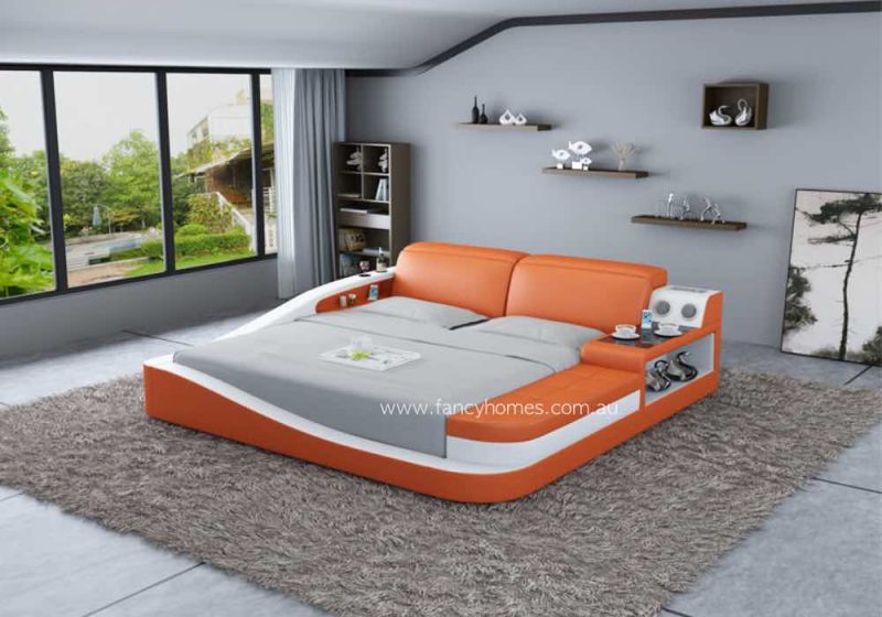 Fancy Homes Cathay Contemporary Multi-media Leather Bed Frame Orange and Pure White