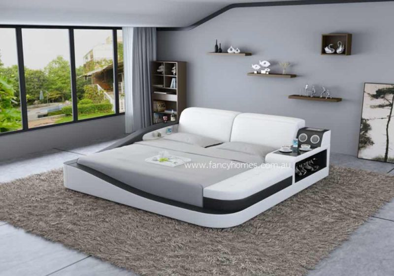 Fancy Homes Cathay Contemporary Multi-media Leather Bed Frame Pure White and Black