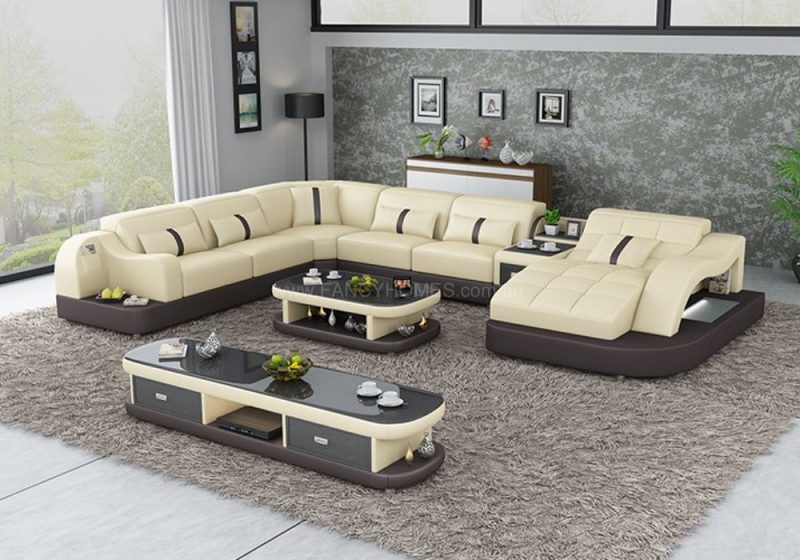 Fancy Homes Danica modular leather sofa in beige and brown leather with open-shelf displays and LED lighting systems