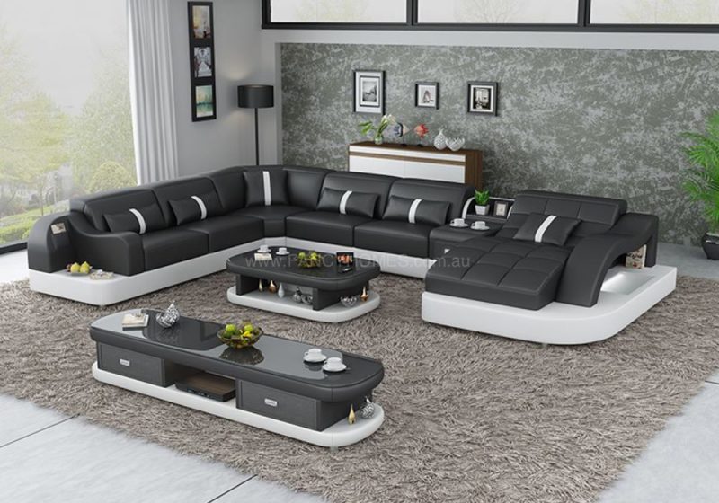 Fancy Homes Danica modular leather sofa in black and white leather with open-shelf displays and LED lighting systems