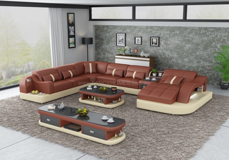 Fancy Homes Danica modular leather sofa in maroon and beige leather with open-shelf displays and LED lighting systems