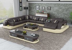 Fancy Homes Danica modular leather sofa in brown and beige leather with open-shelf displays and LED lighting systems