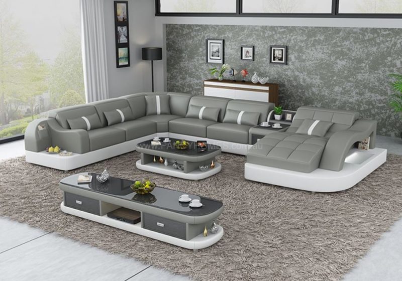 Fancy Homes Danica modular leather sofa in grey and white leather with open-shelf displays and LED lighting systems