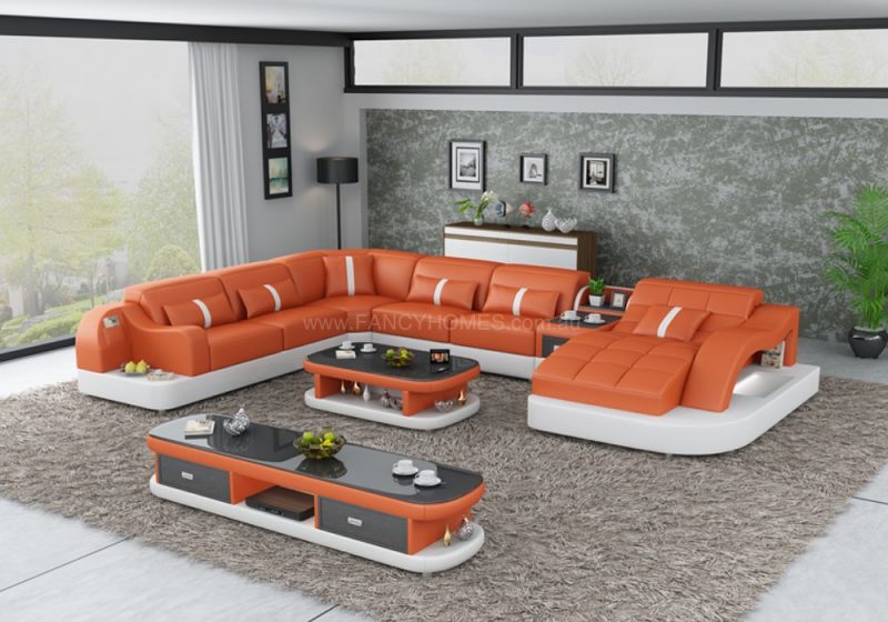 Fancy Homes Danica modular leather sofa in orange and white leather with open-shelf displays and LED lighting systems