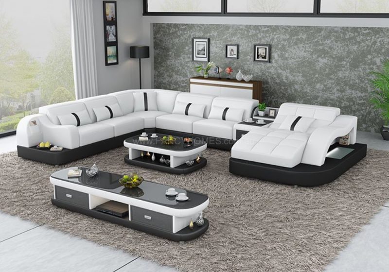 Fancy Homes Danica modular leather sofa in black and white leather with open-shelf displays and LED lighting systems