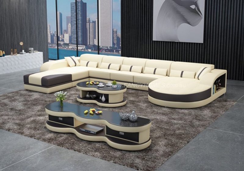 Fancy Homes Dominic Modular Leather Sofa in Beige and Black Leather with Adjustable Headrests and Open Shelf Displays