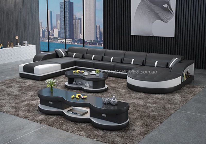 Fancy Homes Dominic Modular Leather Sofa in Black and White Leather with Adjustable Headrests and Open Shelf Displays