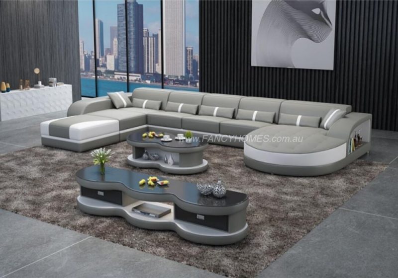 Fancy Homes Dominic Modular Leather Sofa in Grey and White Leather with Adjustable Headrests and Open Shelf Displays