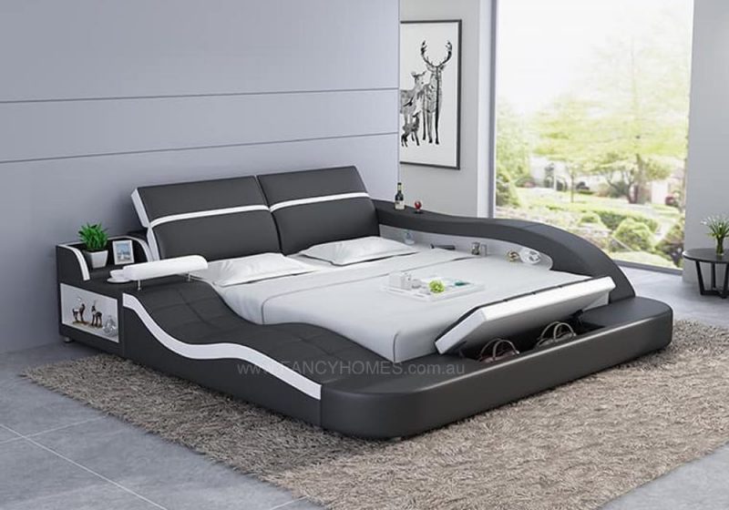 Fancy Homes Tanika Italian Leather Bed Frame in dark grey and white