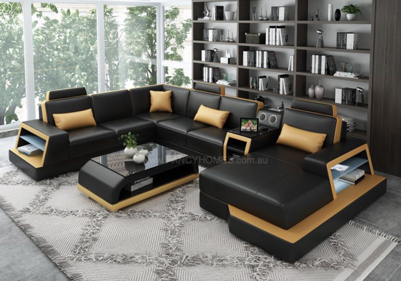 Fancy Homes Beverly leather Modular Leather Sofa in Black and Tan Leather