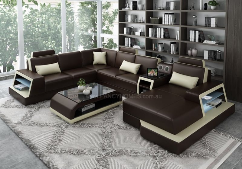 Fancy Homes Beverly Modular Leather Sofa in Brown and Beige Leather