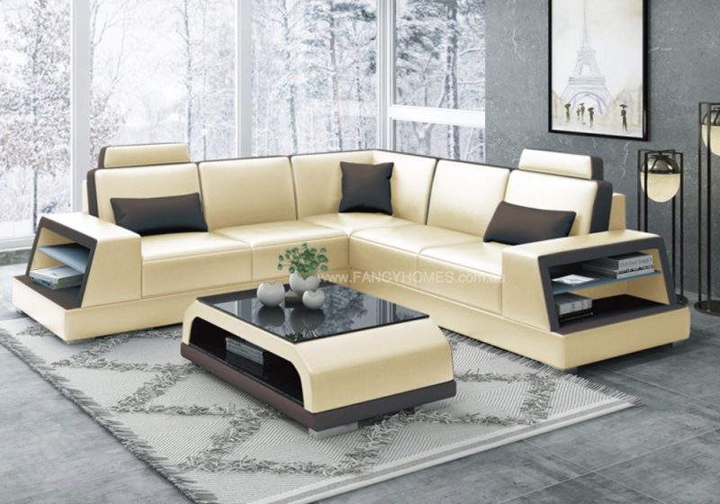 Fancy Homes Beverly-B Corner Leather Sofa in Beige and Brown