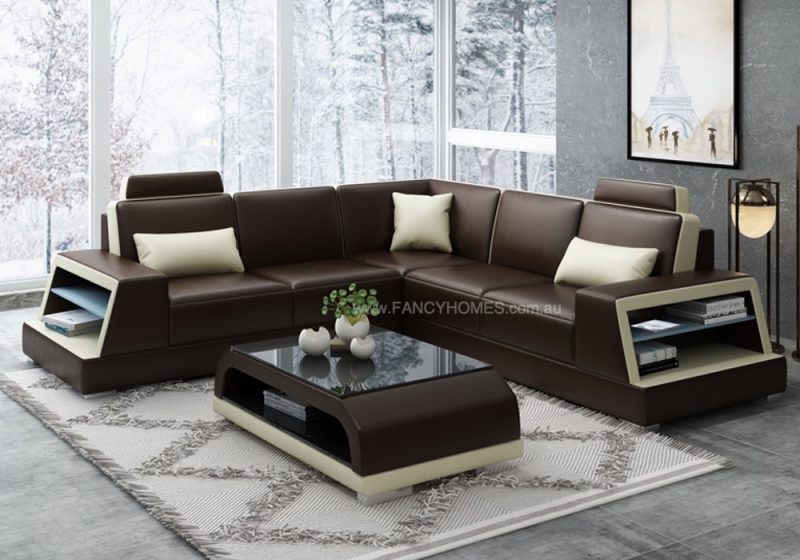 Fancy Homes Beverly-B Corner Leather Sofa in Brown and Beige