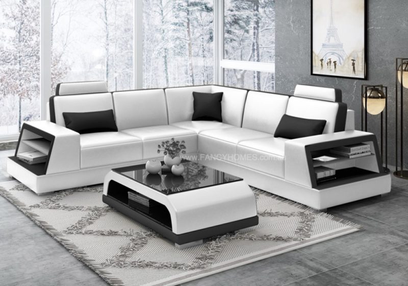 Fancy Homes Beverly-B Corner Leather Sofa in White and Black Leather