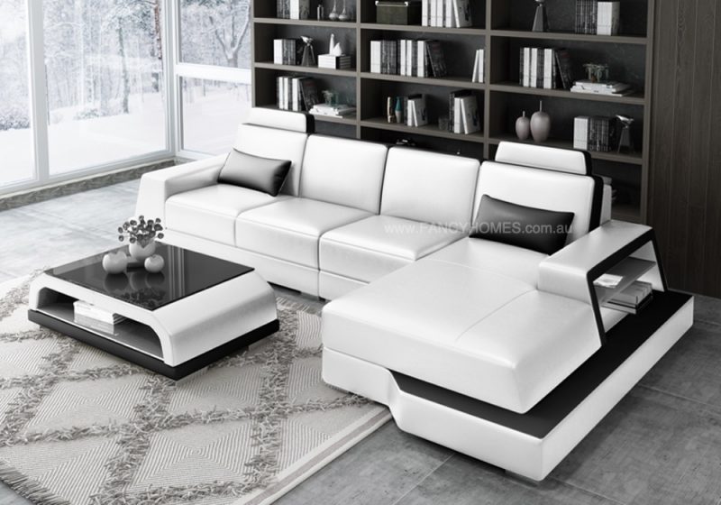 Fancy Homes Beverly-C Chaise Leather Sofa in white and black leather